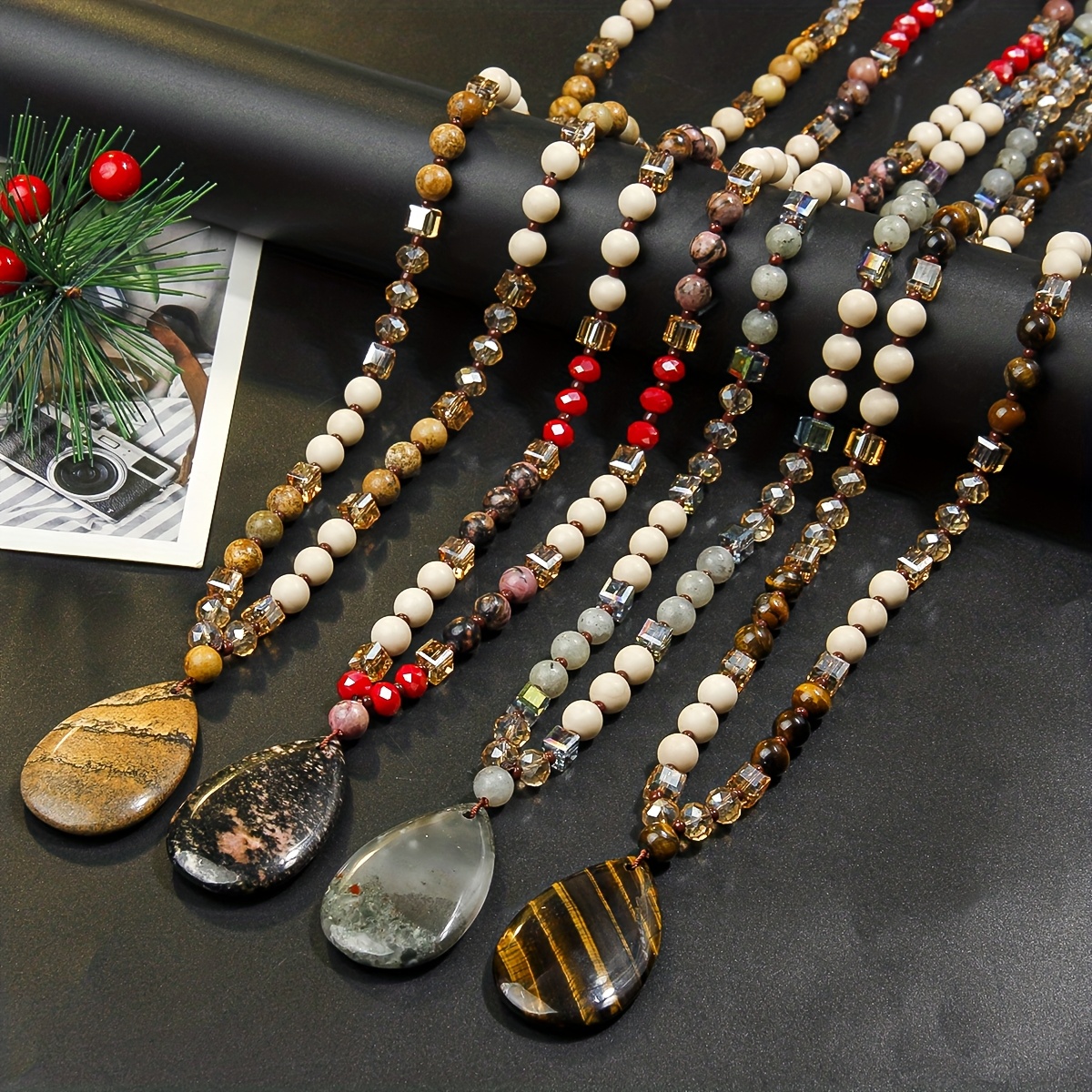 Fashionable Vintage Style Natural Stone Pendant Necklace, Gift